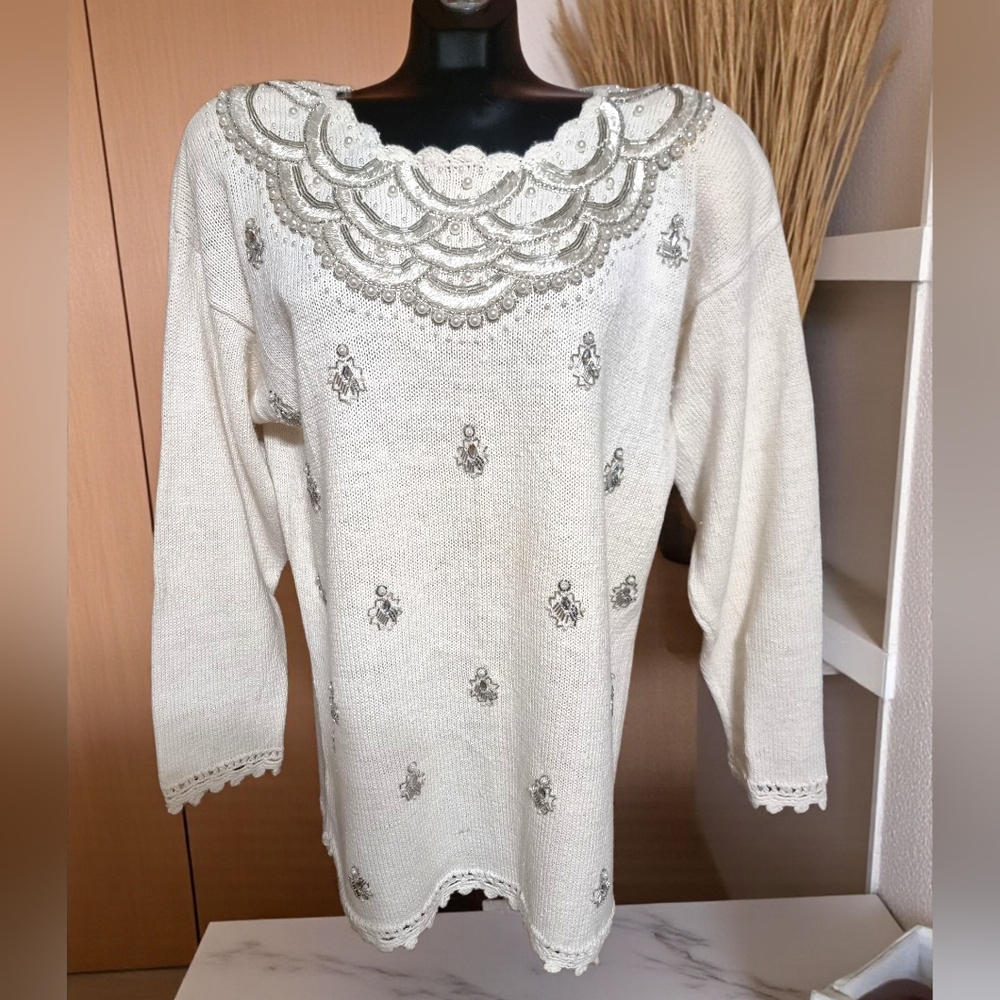 Climax By Sacha Vintage Crochet Pearl Embellished Cream Sweater Size L